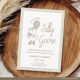 Sage Gingham Little Silly Goose Baby Shower Invitation