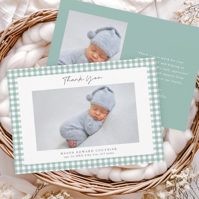 Sage Gingham Pattern Boys Photo Thank You Card (Sage Green Gingham Check Baby Photo Thank You Note Cards.)