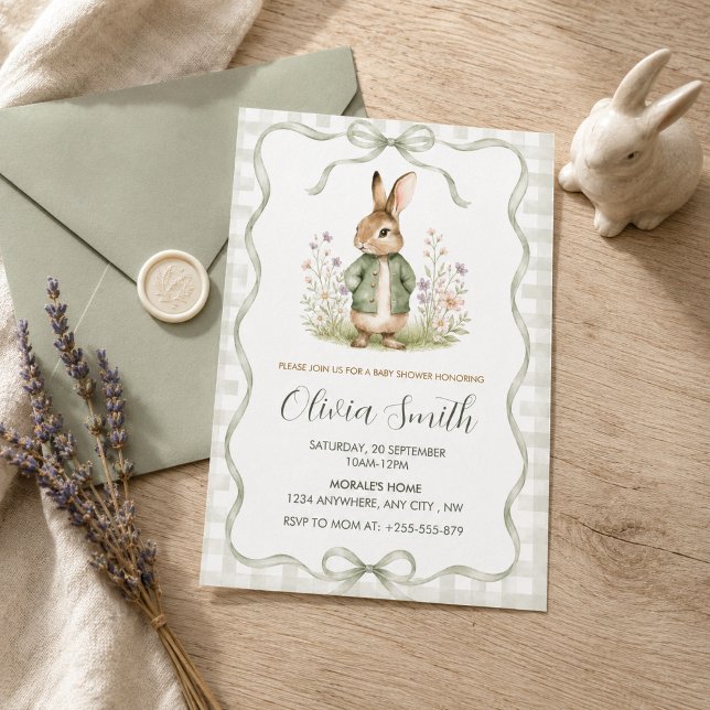 Sage Gingham Rabbit Baby Shower Invitation (Creator Uploaded)