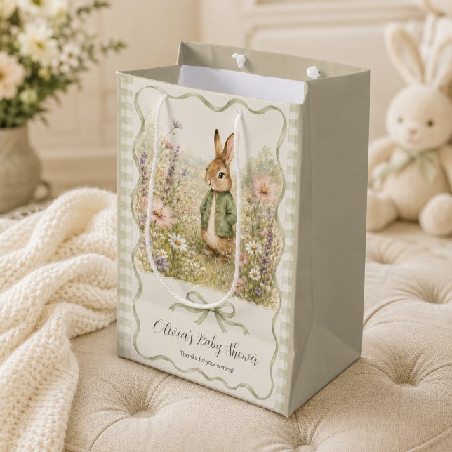 Sage Gingham Rabbit Baby Shower Medium Gift Bag (Creator Uploaded)