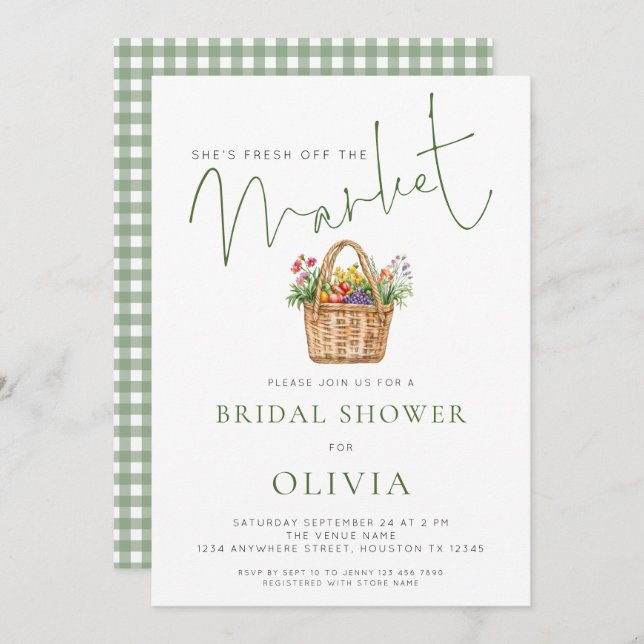 Sage Gingham She’s off the Market Bridal Shower Invitation (Front/Back)