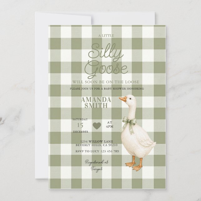 Sage Gingham Silly Goose Baby Shower Invitation (Front)