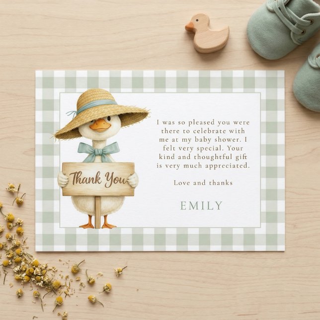 Sage Gingham Silly Goose Baby Shower Thank You Invitation (Creator Uploaded)
