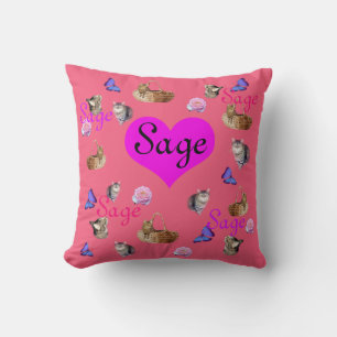 Sage Girls Name With Cats And Butterflies, Cushion