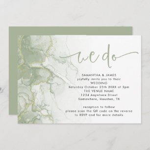 Sage Gold Agate Script We Do QR Code Wedding Invitation