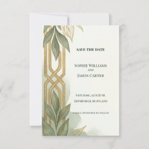Sage Gold Art Deco Save The Date Card