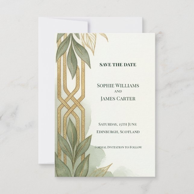 Sage Gold Art Deco Save The Date Card (Front)