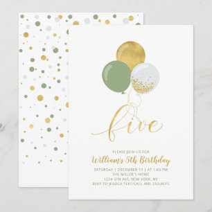 Sage & Gold Balloons Five 5th Birthday Party Invitation