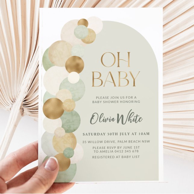 Sage Gold Balloons Modern Arch Baby Shower Invitation (Creator Uploaded)