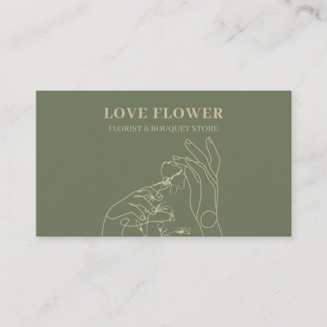 Sage Gold Botanical Hand Hold Flower Business Card (Front)