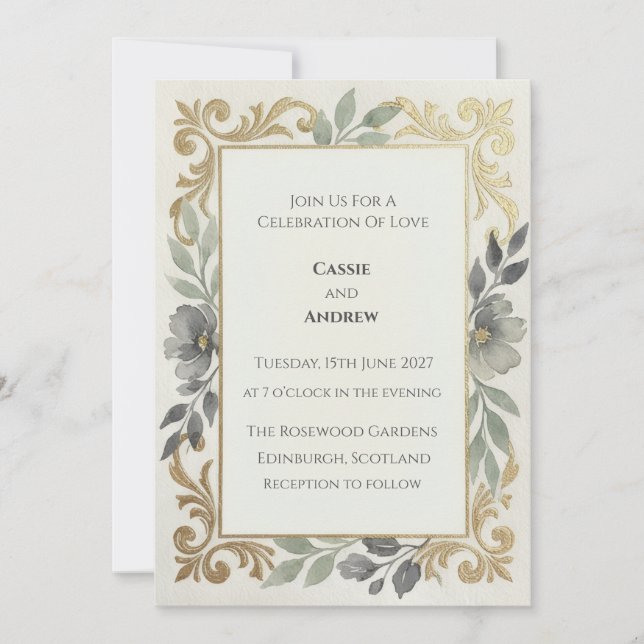 Sage Gold Botanical Wedding Invitation (Front)