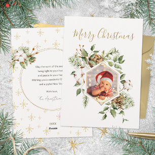 Sage Gold Cotton Bolls Frame Photo Christmas Holiday Card