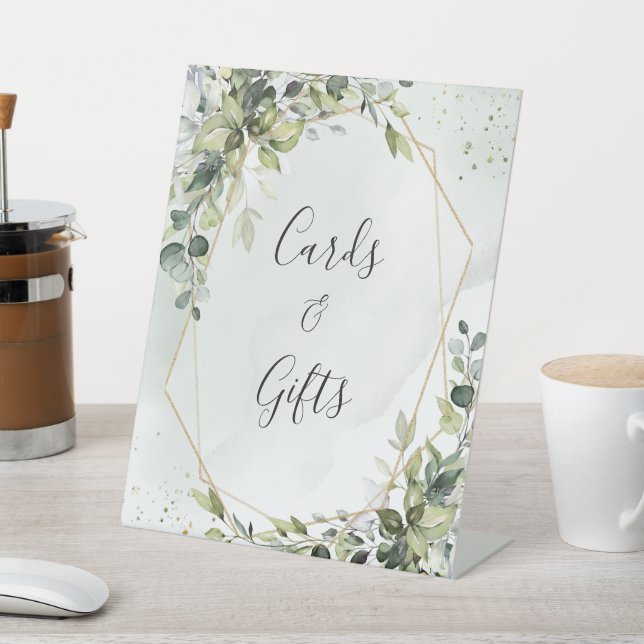 Sage gold eucalyptus geometric wedding gifts sign (In SItu)