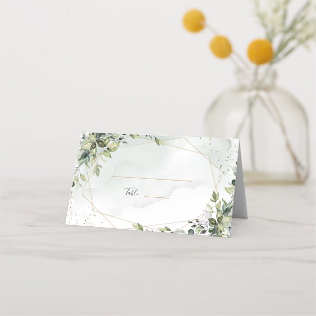 Sage gold eucalyptus geometric wedding place card (Front)