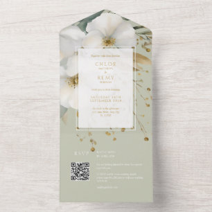 Sage & Gold Floral Foliage Watercolor Wedding All In One Invitation