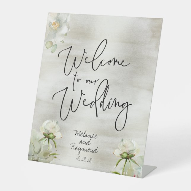 Sage Gold Floral Welcome Our Wedding Handwritten 2 Pedestal Sign (Front)