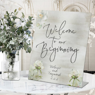 Sage & Gold Floral Welcome To Our Beginning  Pedestal Sign