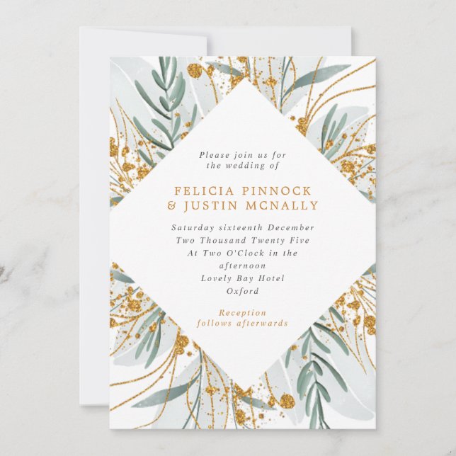 Sage & Gold Glitter Geometric Winter Wedding  Invitation (Front)