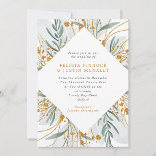Sage & Gold Glitter Geometric Winter Wedding  Invitation