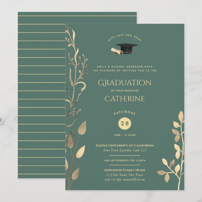 Sage Gold GRADUATION Ceremony Invitations Classy (Front/Back)