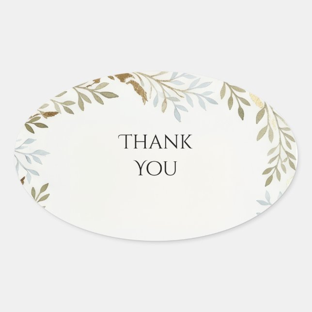 Sage Gold Leaf Thank You Oval Sticker (Front)