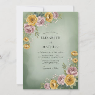 Sage Gold Lilac Ranunculus Eucalyptus Wedding Invitation