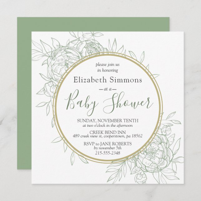 Sage & Gold Peony Modern Floral Toile Baby Shower Invitation (Front/Back)