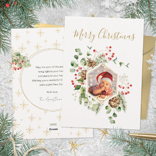 Sage Gold Red Berries Frame Photo Christmas Holiday Card