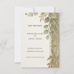 Sage Gold Scroll Save The Date Card