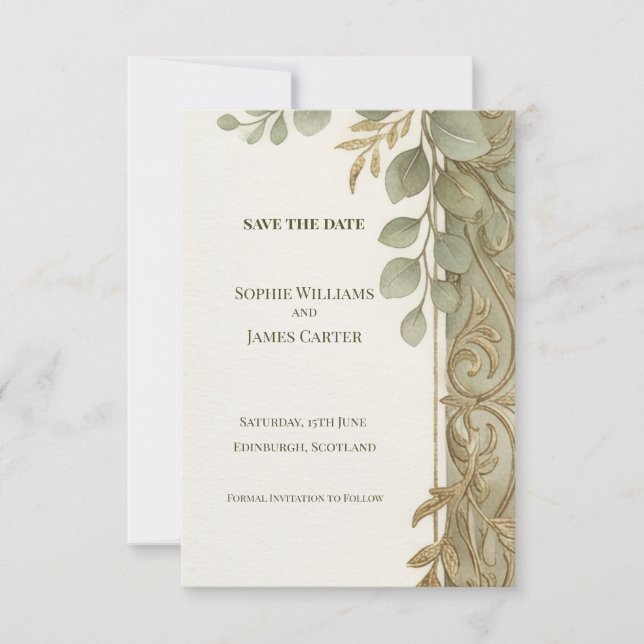 Sage Gold Scroll Save The Date Card (Front)