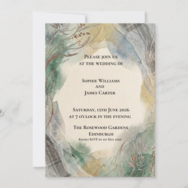 Sage Gold Watercolour Wedding Invitation (Front)