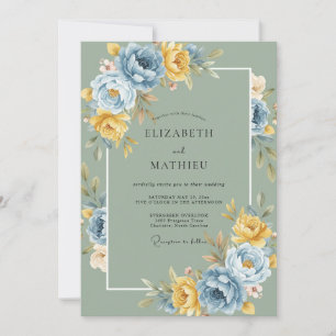 Sage Golden Blue Floral Wedding Invitation