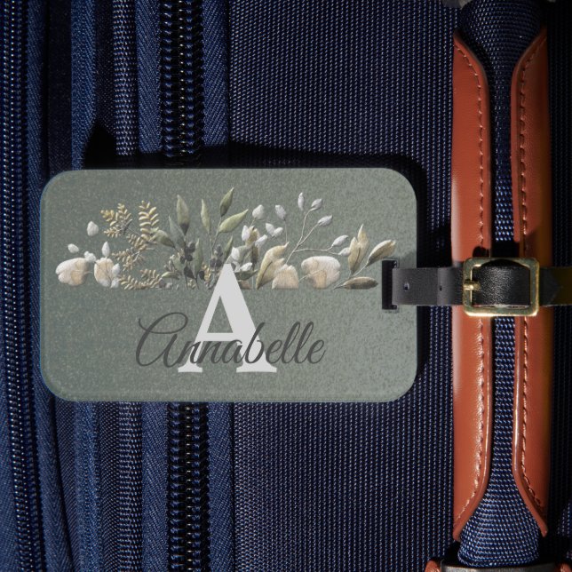 Sage Gr. Botanical Leaves Monogrammed Luggage Tag (Front Insitu 4)