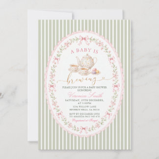 Sage Grandmillenial Pink Tea Baby Shower Invitation