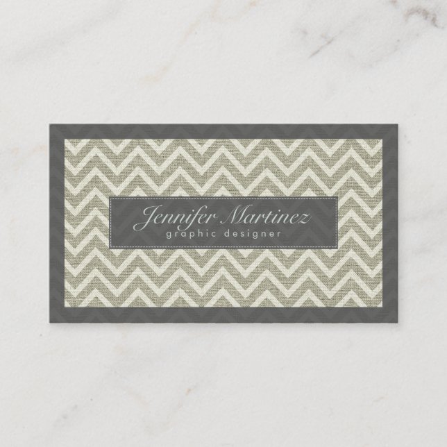 Sage Greem White Chevron Pattern Linen Look Business Card (Front)