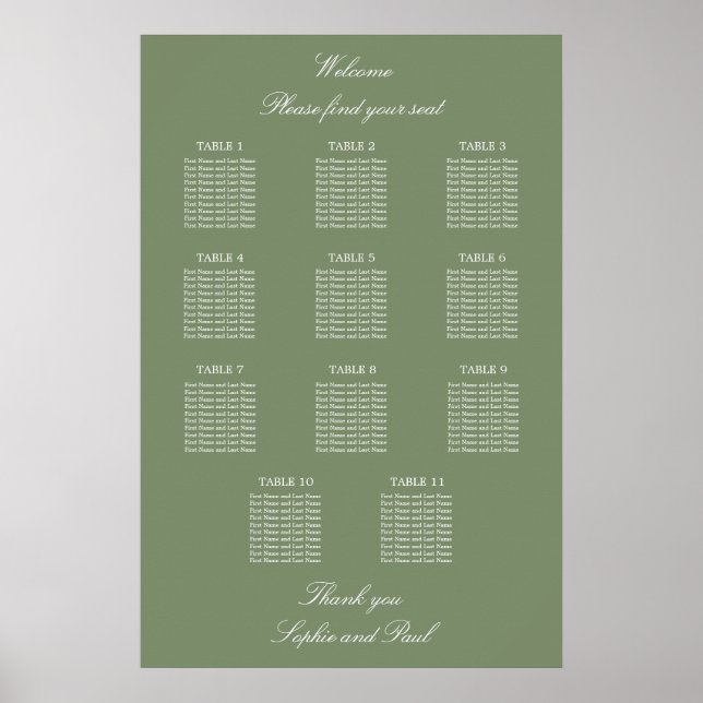 Sage Green 11 Table Wedding Seating Chart Poster (Front)