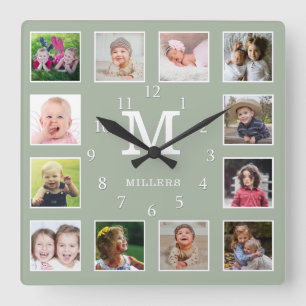 Sage Green 12 Photo Collage Family Name Monogram Square Wall Clock