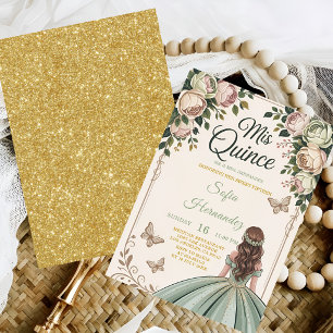 Sage Green 15th Birthday Gold Crown Butterfly Invitation