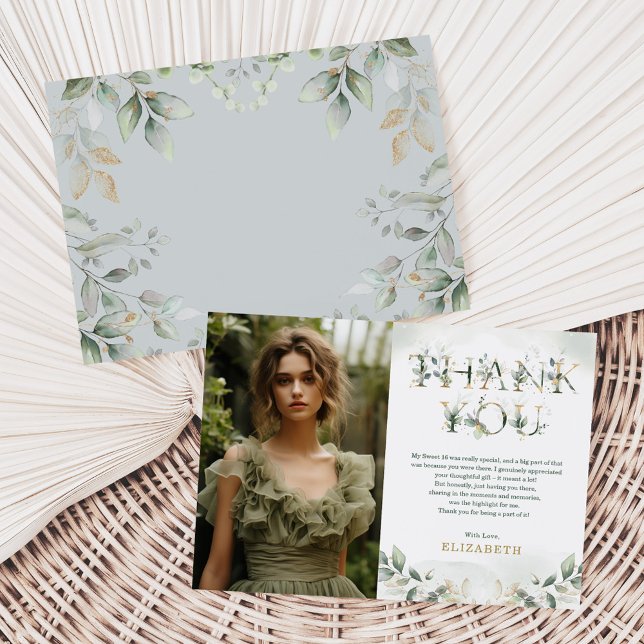 Sage Green 16th Birthday Photo Thank You Card (Creator Uploaded)