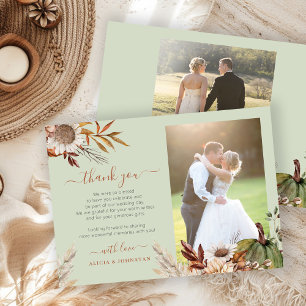Sage green 2 photos boho botanical wedding thank you card