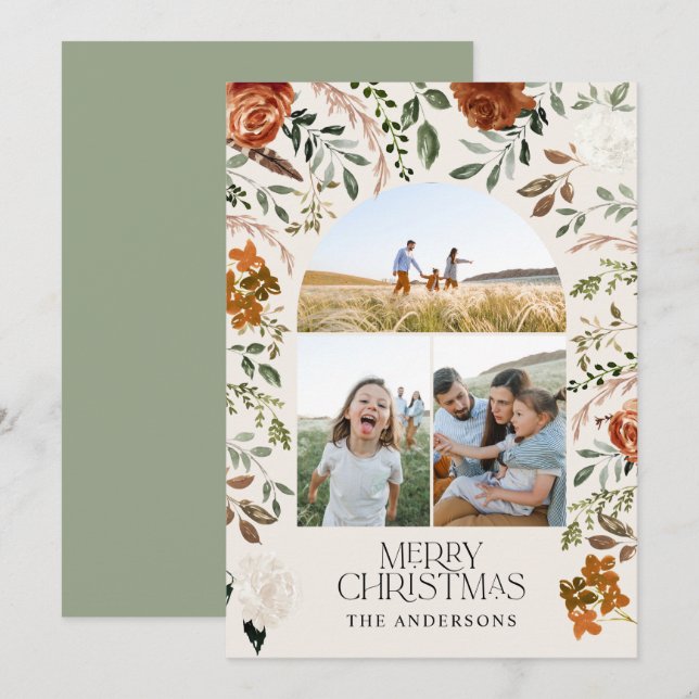Sage green 3 photo botanical elegant arch holiday card (Front/Back)
