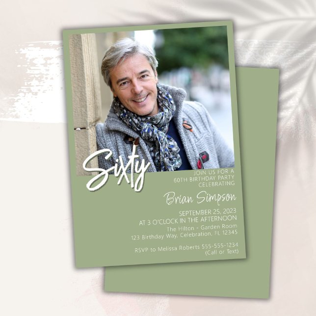 Sage Green 60th Birthday Photo  Invitation (Creator Uploaded)