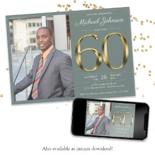Sage Green 60th Gold Text Classy Photo Birthday Invitation