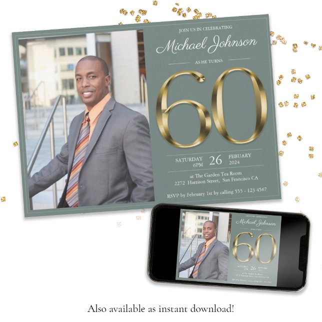 Sage Green 60th Gold Text Classy Photo Birthday Invitation (Sage Green 60th Gold Text Classy Photo Birthday Invitation)