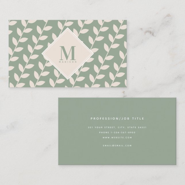 Sage Green 70s Retro Leaf Monogram Initial  Business Card (Front/Back)