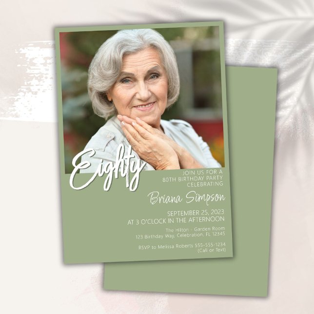 Sage Green 80th Birthday Photo Invitation (Creator Uploaded)