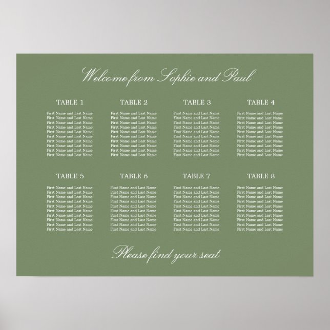 Sage Green 8 Table Wedding Seating Chart Poster (Front)