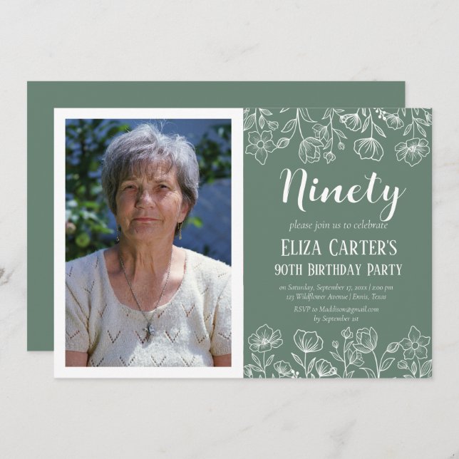Sage Green 90th Ninety Floral Elegant Birthday  Invitation (Front/Back)