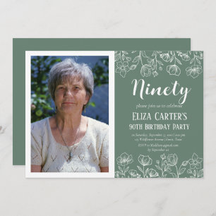 Sage Green 90th Ninety Floral Elegant Birthday Invitation
