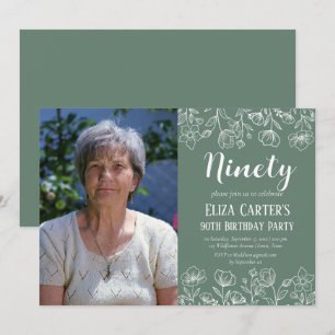 Sage Green 90th Ninety Floral Elegant Birthday Invitation